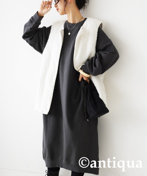 antiqua（アンティカ）の「綿100%裏毛長袖ワンピース（ワンピース・レディース・ブラック/スミクロ/グレイッシュベージュ/グレー・FREE）」の13枚目の写真