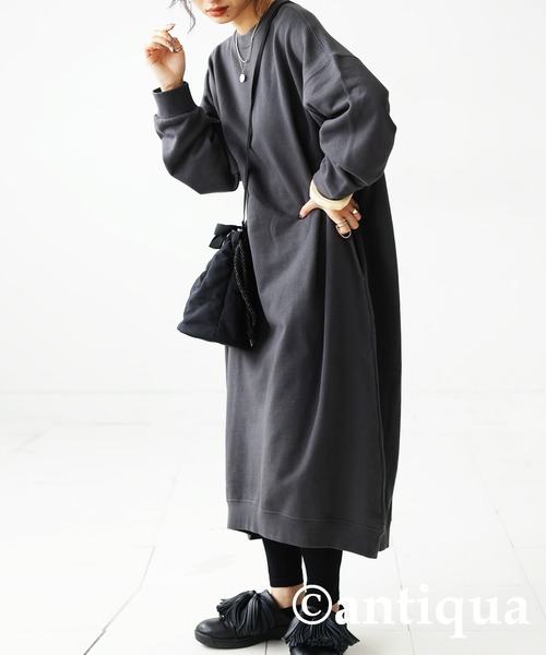 antiqua（アンティカ）の「綿100%裏毛長袖ワンピース（ワンピース・レディース・ブラック/スミクロ/グレイッシュベージュ/グレー・FREE）」の11枚目の写真
