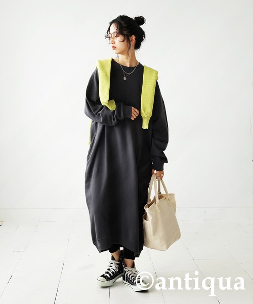 antiqua（アンティカ）の「綿100%裏毛長袖ワンピース（ワンピース・レディース・ブラック/スミクロ/グレイッシュベージュ/グレー・FREE）」の12枚目の写真