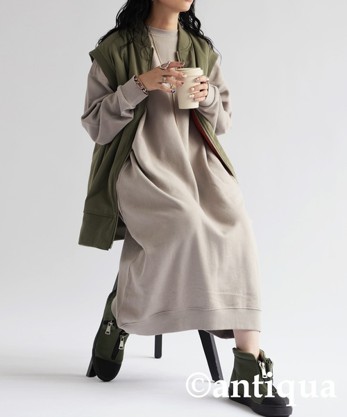 antiqua（アンティカ）の「綿100%裏毛長袖ワンピース（ワンピース・レディース・ブラック/スミクロ/グレイッシュベージュ/グレー・FREE）」の20枚目の写真