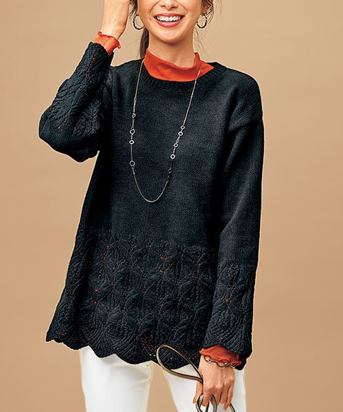 BELLUNA（ベルーナ）の「透かし編デザインモールニットプルオーバー（ニット/セーター・レディース・アイボリー/ライム/ライラック/ブラック・LARGE/X-LARGE/MEDIUM）」の3枚目の写真