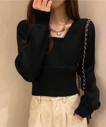 前後２WAY バックリボン フェイクアンサンブル Vネックリブニット