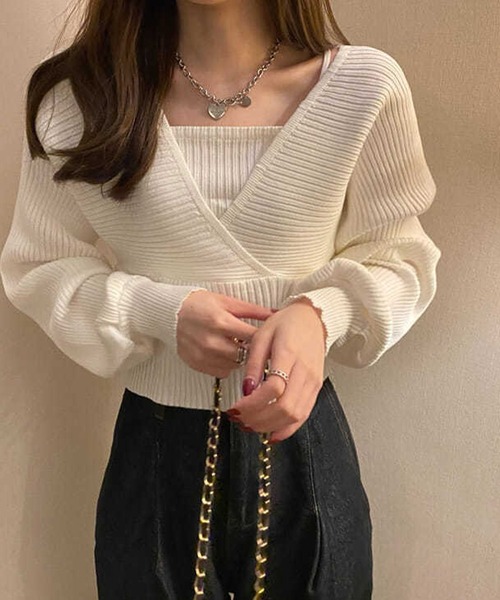 SHEPP(シープ)の「前後2WAY バックリボン フェイクアンサンブル Vネックリブニット(ニット/セーター・レディース・ピンク/ホワイト/ブラック・FREE)」の6枚目の写真