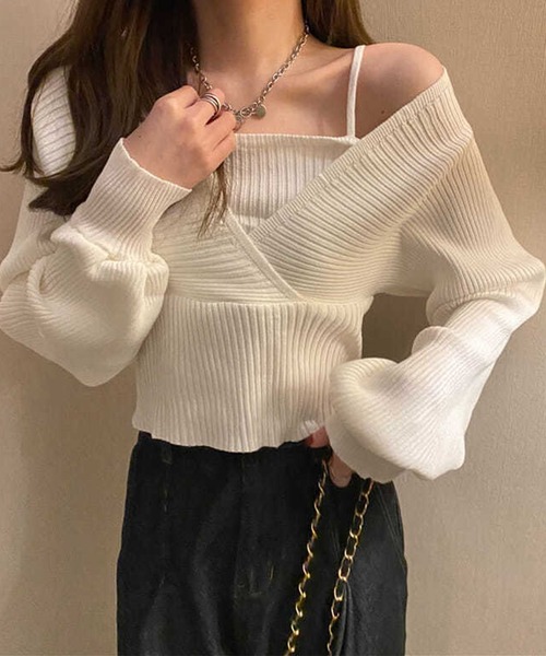 SHEPP(シープ)の「前後2WAY バックリボン フェイクアンサンブル Vネックリブニット(ニット/セーター・レディース・ピンク/ホワイト/ブラック・FREE)」の7枚目の写真
