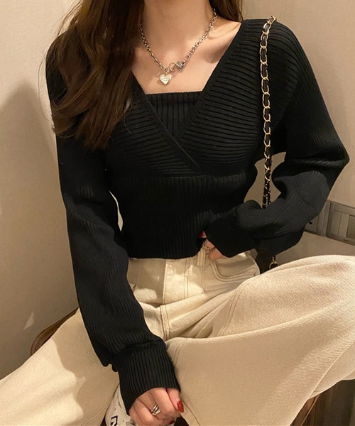 SHEPP(シープ)の「前後2WAY バックリボン フェイクアンサンブル Vネックリブニット(ニット/セーター・レディース・ピンク/ホワイト/ブラック・FREE)」の11枚目の写真
