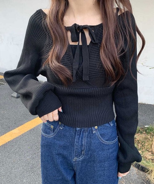SHEPP(シープ)の「前後2WAY バックリボン フェイクアンサンブル Vネックリブニット(ニット/セーター・レディース・ピンク/ホワイト/ブラック・FREE)」の14枚目の写真