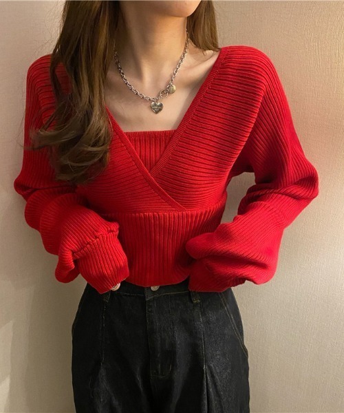 SHEPP(シープ)の「前後2WAY バックリボン フェイクアンサンブル Vネックリブニット(ニット/セーター・レディース・ピンク/ホワイト/ブラック・FREE)」の18枚目の写真