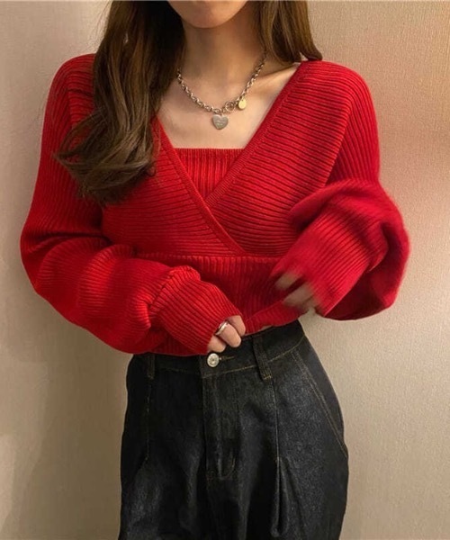 SHEPP(シープ)の「前後2WAY バックリボン フェイクアンサンブル Vネックリブニット(ニット/セーター・レディース・ピンク/ホワイト/ブラック・FREE)」の22枚目の写真