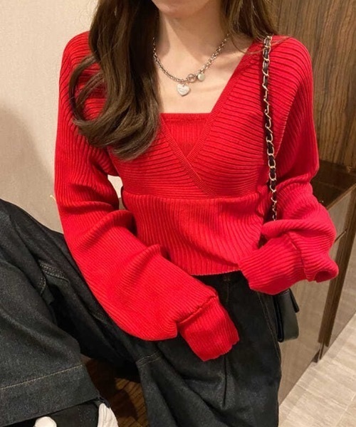 SHEPP(シープ)の「前後2WAY バックリボン フェイクアンサンブル Vネックリブニット(ニット/セーター・レディース・ピンク/ホワイト/ブラック・FREE)」の21枚目の写真