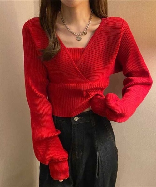 SHEPP(シープ)の「前後2WAY バックリボン フェイクアンサンブル Vネックリブニット(ニット/セーター・レディース・ピンク/ホワイト/ブラック・FREE)」の20枚目の写真