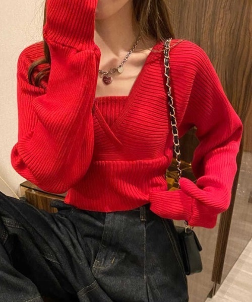 SHEPP(シープ)の「前後2WAY バックリボン フェイクアンサンブル Vネックリブニット(ニット/セーター・レディース・ピンク/ホワイト/ブラック・FREE)」の19枚目の写真
