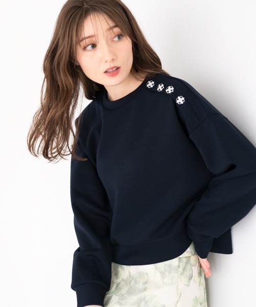 セール】□2024春夏新作□ビジュー釦クロップドスウェット