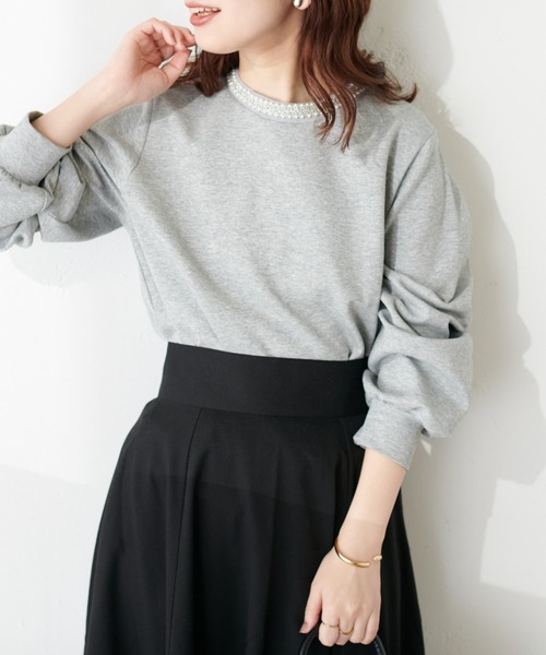 natural couture（ナチュラルクチュール）の「衿刺繍ダンボールTOPS（Tシャツ/カットソー・レディース・グレー/オフホワイト/ブルー/ネイビー・FREE）」の3枚目の写真