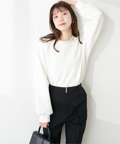 natural couture（ナチュラルクチュール）の「衿刺繍ダンボールTOPS（Tシャツ/カットソー・レディース・グレー/オフホワイト/ブルー/ネイビー・FREE）」の8枚目の写真