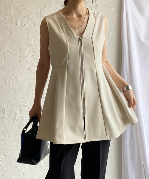 ベスト ジレ フロントダブルジップペプラムニットベスト レディース Bonjour Sagan ベスト ジレ フロントダブルジップペプラムニット