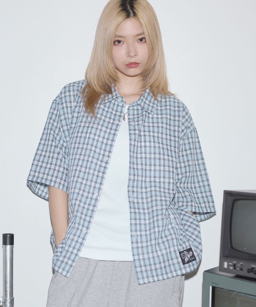 MSG（エムエスジー）の「ハーフスリーブショート丈ミニチェックシャツ【UNISEX】（シャツ/ブラウス・メンズ・グリーン/ブラック/イエロー/ベージュ/ホワイト/サックスブルー/ピンク/ブルー・XL/L/M/S）」の5枚目の写真