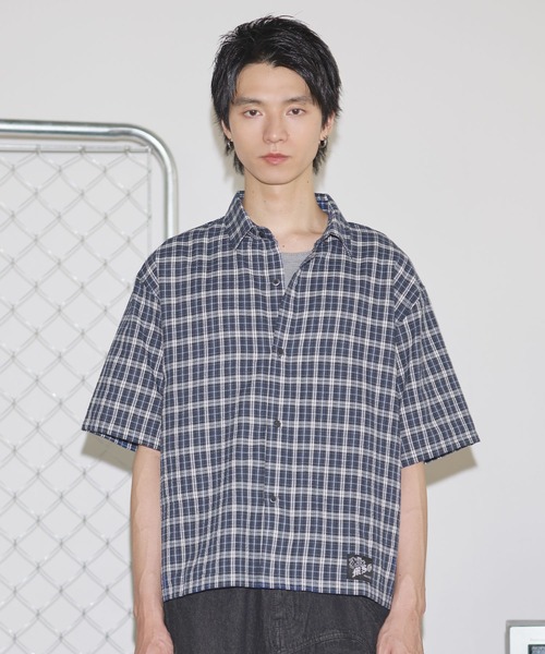 ブラウス シャツ ロゴ刺?ショートスリーブチェックシャツ レディース メンズ セール】ハーフスリーブショート丈ミニチェックシャツ【UNISEX