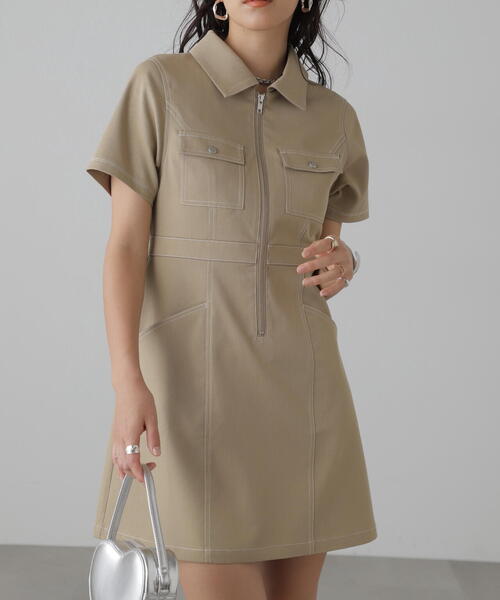 FREE'S MART（フリーズマート）の「◆配色ステッチジップ使いミニワンピース（ワンピース・レディース・ブラック/ホワイト/ベージュ・SMALL/MEDIUM）」の3枚目の写真