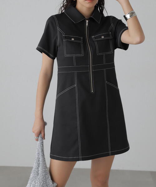 FREE'S MART（フリーズマート）の「◆配色ステッチジップ使いミニワンピース（ワンピース・レディース・ブラック/ホワイト/ベージュ・SMALL/MEDIUM）」の2枚目の写真