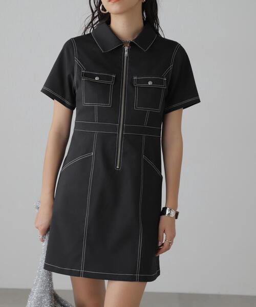 FREE'S MART（フリーズマート）の「◆配色ステッチジップ使いミニワンピース（ワンピース・レディース・ブラック/ホワイト/ベージュ・SMALL/MEDIUM）」の5枚目の写真