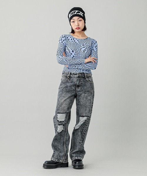 X-girl（エックスガール）の「DISTORTED STARS COMAPCT TOP（Tシャツ/カットソー・レディース・ライトブルー/チャコール・S/M）」の13枚目の写真