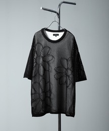 メッシュ編みフラワークルーネックTシャツ