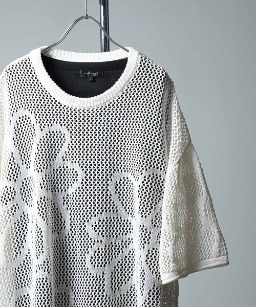 NILWAY(ニルウェイ)の「メッシュ編みフラワークルーネックTシャツ(Tシャツ/カットソー・メンズ・ブラック/ブルー/ホワイト・MEDIUM/LARGE)」の9枚目の写真
