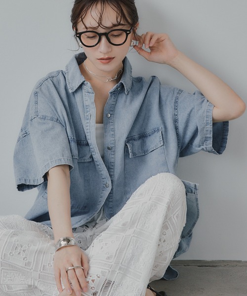 210nouve（トゥージュヌーブ）の「ハーフスリーブデニムビッグシャツジャケット（シャツ/ブラウス・レディース・ブラック/ブルー・FREE）」の14枚目の写真