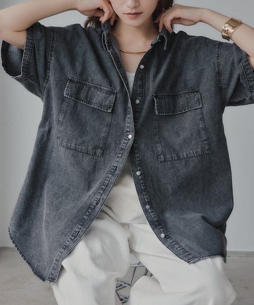 210nouve（トゥージュヌーブ）の「ハーフスリーブデニムビッグシャツジャケット（シャツ/ブラウス・レディース・ブラック/ブルー・FREE）」の19枚目の写真