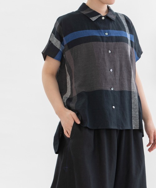 nop de nod(ノップドゥノッド)の「Ciel ronde リネンパネルチェックブラウス(シャツ/ブラウス・レディース・ブラック/ダークブルー/イエロー・3)」の16枚目の写真