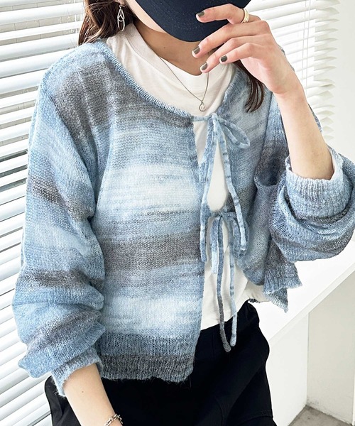 GeeRA(ジーラ)の「フロントリボンシアーニットカーディガン(カーディガン/ボレロ・レディース・グレー/ブルー/ピンク・MEDIUM/LARGE)」の1枚目の写真