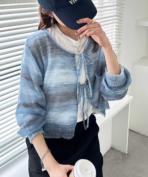 GeeRA(ジーラ)の「フロントリボンシアーニットカーディガン(カーディガン/ボレロ・レディース・グレー/ブルー/ピンク・MEDIUM/LARGE)」の7枚目の写真