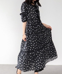 ドット柄バックリボンティヤードワンピース