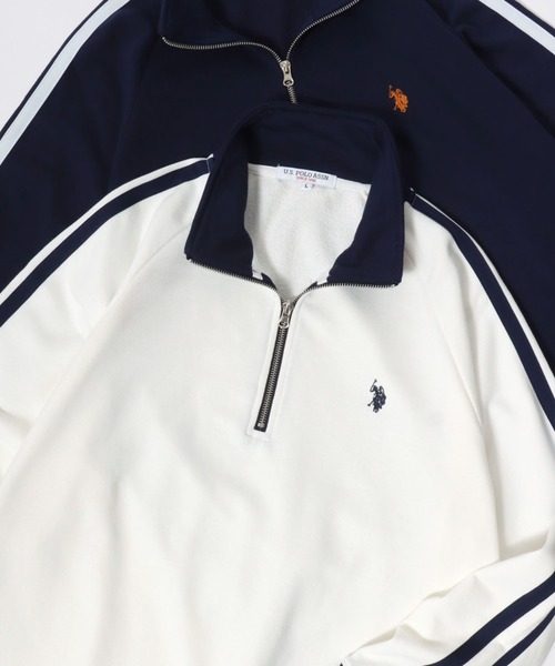 U.S. POLO ASSN.（ユーエスポロアッスン）の「U.S. POLO ASSN./ユーエスポロアッスン オーバーサイズ 裏毛 ロゴ ワンポイント刺繍 袖ライン ハーフジップ スウェット トレーナー/レディース メンズ（スウェット・メンズ・オフホワイト/ブラック/ネイビー/オートミール・LL/L/M）」の2枚目の写真