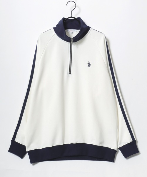 U.S. POLO ASSN.（ユーエスポロアッスン）の「U.S. POLO ASSN./ユーエスポロアッスン オーバーサイズ 裏毛 ロゴ ワンポイント刺繍 袖ライン ハーフジップ スウェット トレーナー/レディース メンズ（スウェット・メンズ・オフホワイト/ブラック/ネイビー/オートミール・LL/L/M）」の9枚目の写真