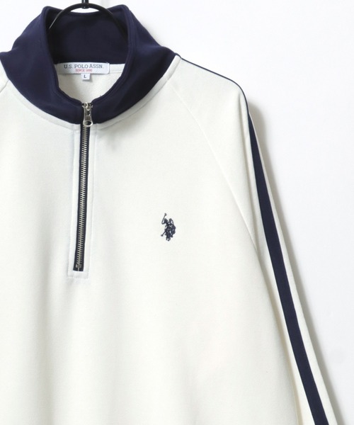 U.S. POLO ASSN.（ユーエスポロアッスン）の「U.S. POLO ASSN./ユーエスポロアッスン オーバーサイズ 裏毛 ロゴ ワンポイント刺繍 袖ライン ハーフジップ スウェット トレーナー/レディース メンズ（スウェット・メンズ・オフホワイト/ブラック/ネイビー/オートミール・LL/L/M）」の5枚目の写真