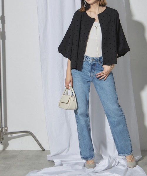 セール】フロッキードットジップアップバルーンスリーブジャケット