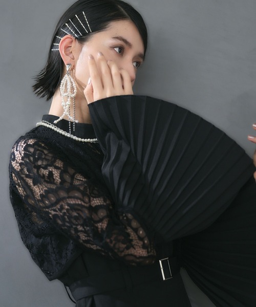 HARE ソデプリーツレースワンピース ハレ ドレス パーティー 黒 結婚式 HARE ハレ ソデプリーツレースドレス ブラック/M｜結婚式