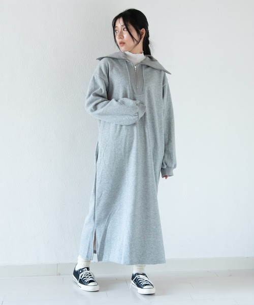 セール】2wayネックハーフジップ裏起毛スウェットワンピース / ロング