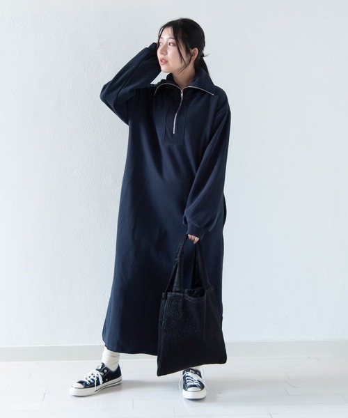セール】2wayネックハーフジップ裏起毛スウェットワンピース / ロング