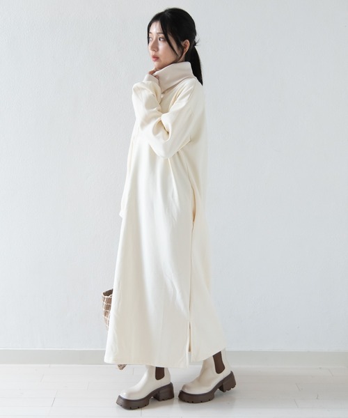 セール】2wayネックハーフジップ裏起毛スウェットワンピース / ロング