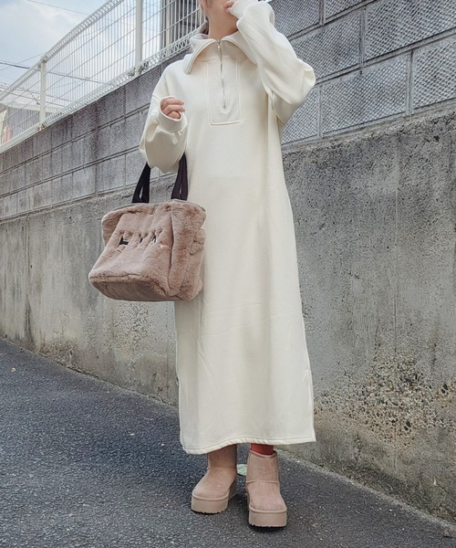 セール】2wayネックハーフジップ裏起毛スウェットワンピース / ロング