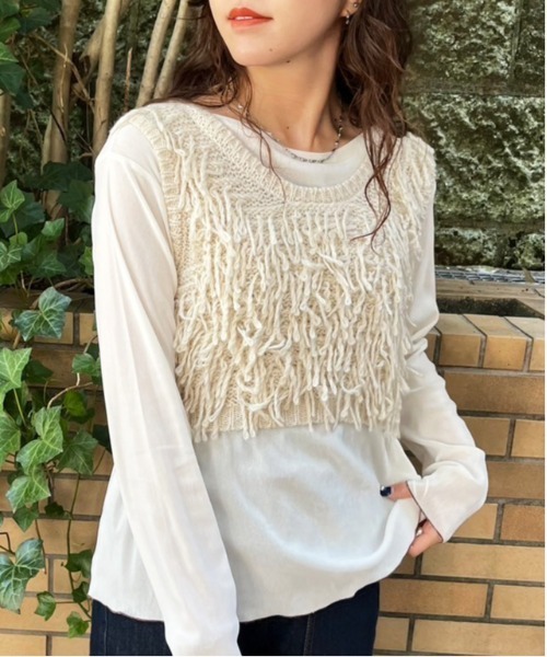 DOUBLE NAME（ダブルネーム）の「ループツイスト編みニットベスト（ベスト・レディース・オフホワイト/スミクロ・FREE）」の9枚目の写真