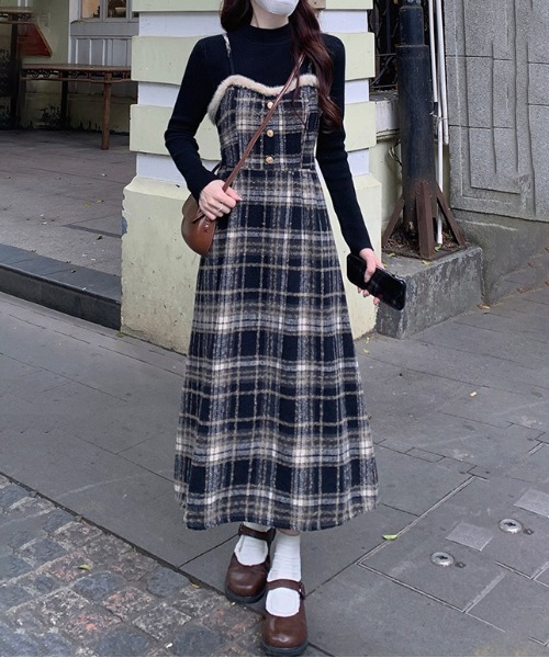 emmi ブラックチェック 半袖ロングワンピース サイズ1 emmi ブラック ロングワンピース サイズ1 emmi ブラックチェック 半袖