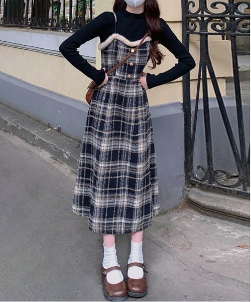 チェック柄スイッチングロングキャミワンピース（ワンピース）｜gossip