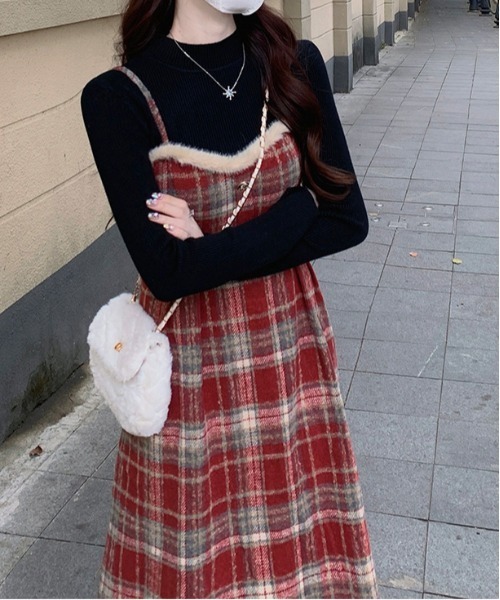 gossip!ロサンゼルス(ゴシップロサンゼルス)の「チェック柄スイッチングロングキャミワンピース(ワンピース・レディース・ブラック/レンガ・S/M)」の8枚目の写真