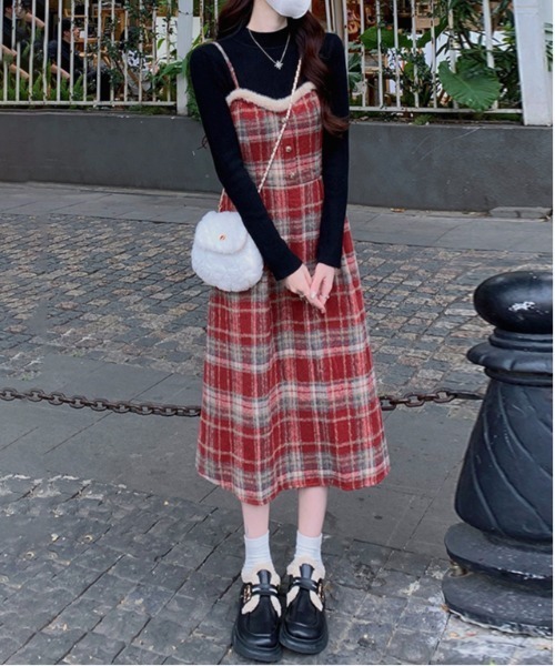 チェック柄スイッチングロングキャミワンピース（ワンピース）｜gossip