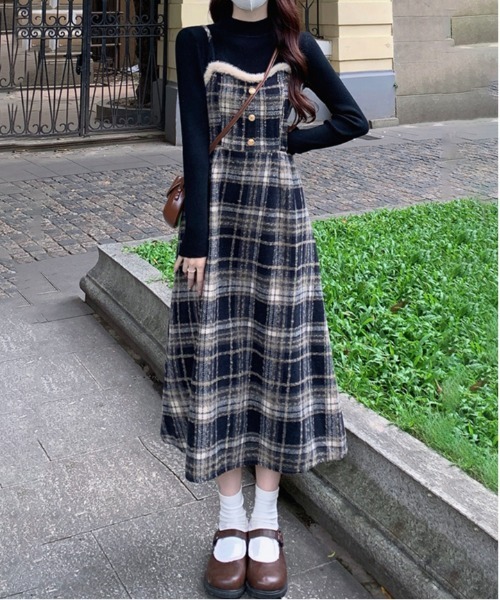 チェック柄スイッチングロングキャミワンピース（ワンピース）｜gossip