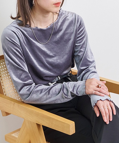 Fizz/フィズ】 カットベロア メロークルーネックトップス（T