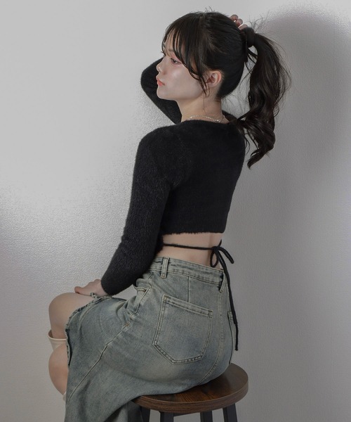 M DOLLY(エムドリー)の「shaggy knit ribbon tops/シャギーニットリボントップス(ニット/セーター・レディース・ブラック/ベージュ・L/M/S)」の2枚目の写真